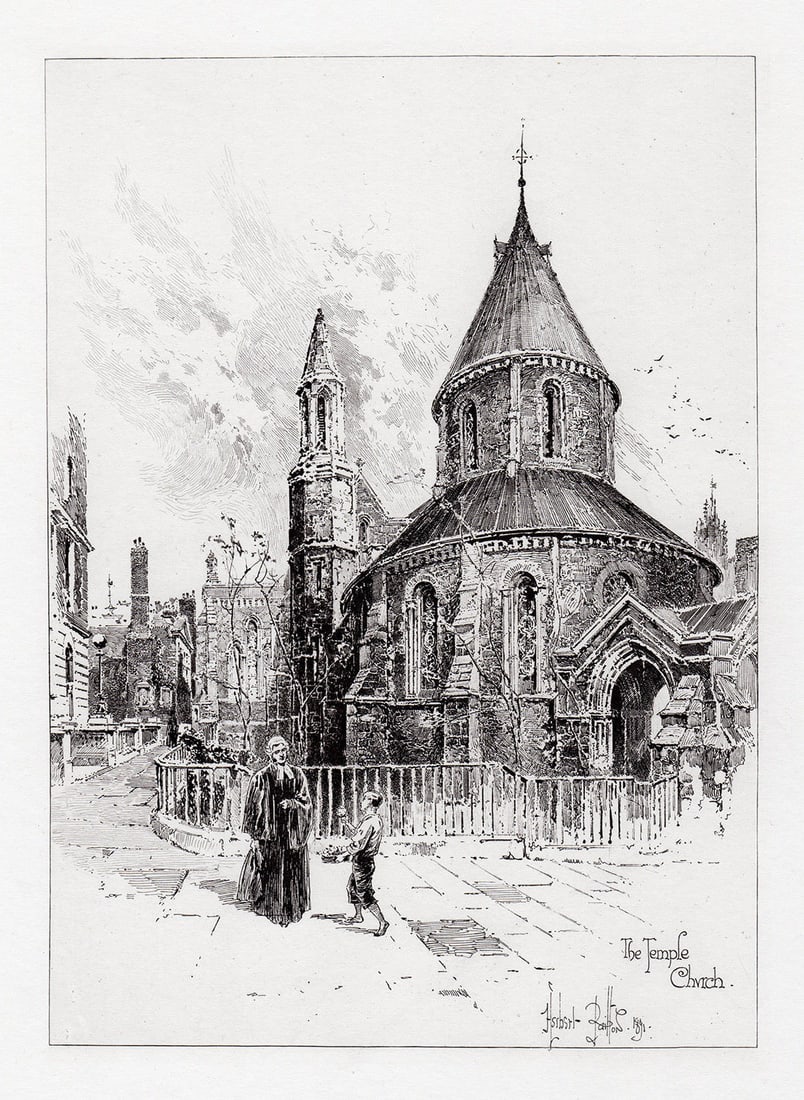 Herbert Railton The Temple Church 1892 etching: Herbert Railton. (English, 1857-1910). The Temple Church. Original etching on wove paper. 1892. Excellent. Image Size 8 1/4 x 11 1/8 inches. Approximately 17 x 20 inches. This piece has been professio
