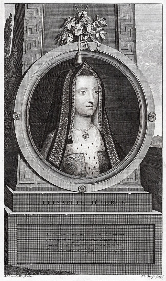 Adriaen van der Werff 1697 Engraving Elizabeth of York Framed: Adriaen van der Werff (1659 - 1722). Elizabeth of York (1466-1503), Queen of Henry VII. Antique engraving on laid paper after the original by master engraver Pieter van Gunst (Dutch, 1658/9 - 1731). Y