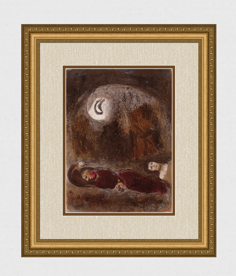 1960 Marc Chagall Lithograph Ruth at the Feet of Boaz Framed: Marc Chagall (1887-1985) Ruth at the Feet of Boaz (M. 248). Original Lithograph on Wove Paper. 1960. Limited to 6500 impressions. Atelier Mourlot. Dimensions: Sheet Size: c. 10 1/2 x 14 inches. Framed