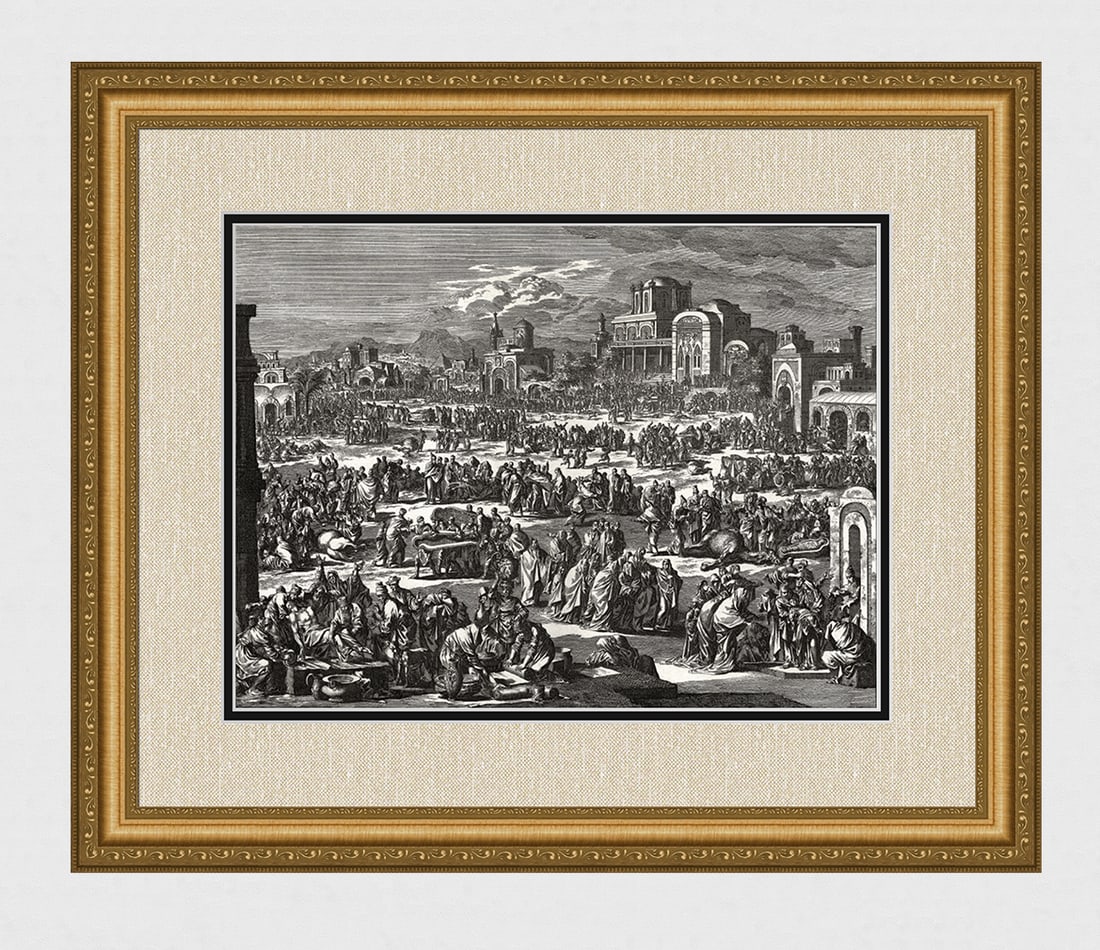1747 Monumental Engraving Jan Luyken Death Of the First Born Framed: Jan Luyken (Dutch, 1649 - 1712). The Death of the First Born. Antique engraving on laid paper. Year: 1747. Publisher: Frans Houtteyn. Reference: Hollstein / Dutch and Flemish etchings, engravings and 