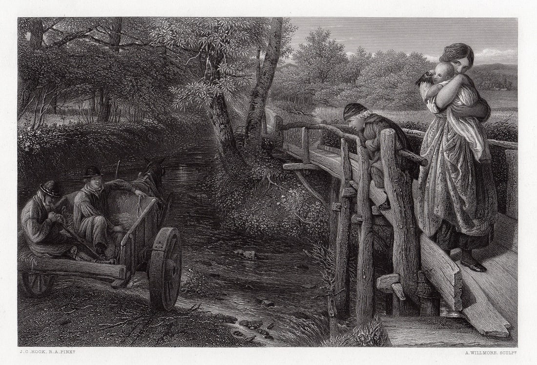 James Clarke Hook The Brook Tennyson engraving signed: James Clarke Hook. (1819-1907). The Brook - "And out again I curve and flow, to join the brimming river; for men may come, and men may go, but I go on forever." - Tennyson. Antique engraving on wove