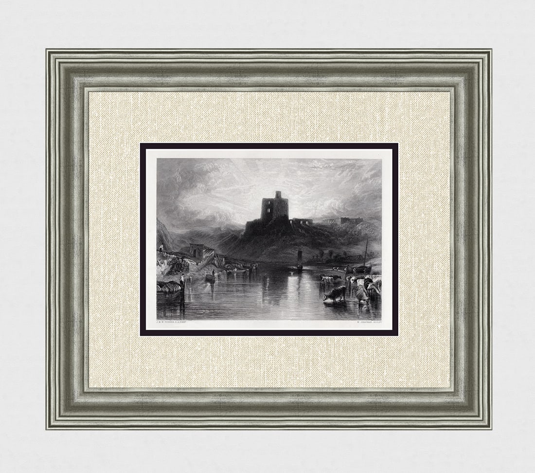1800s William Turner Engraving Historic Norham Castle Signed Framed: Joseph Mallord William Turner (English, 1775-1851). Norham Castle. Antique engraving on wove paper after the original by master engraver William Chapman (British, 1817-1873 or later). Year: 1870.