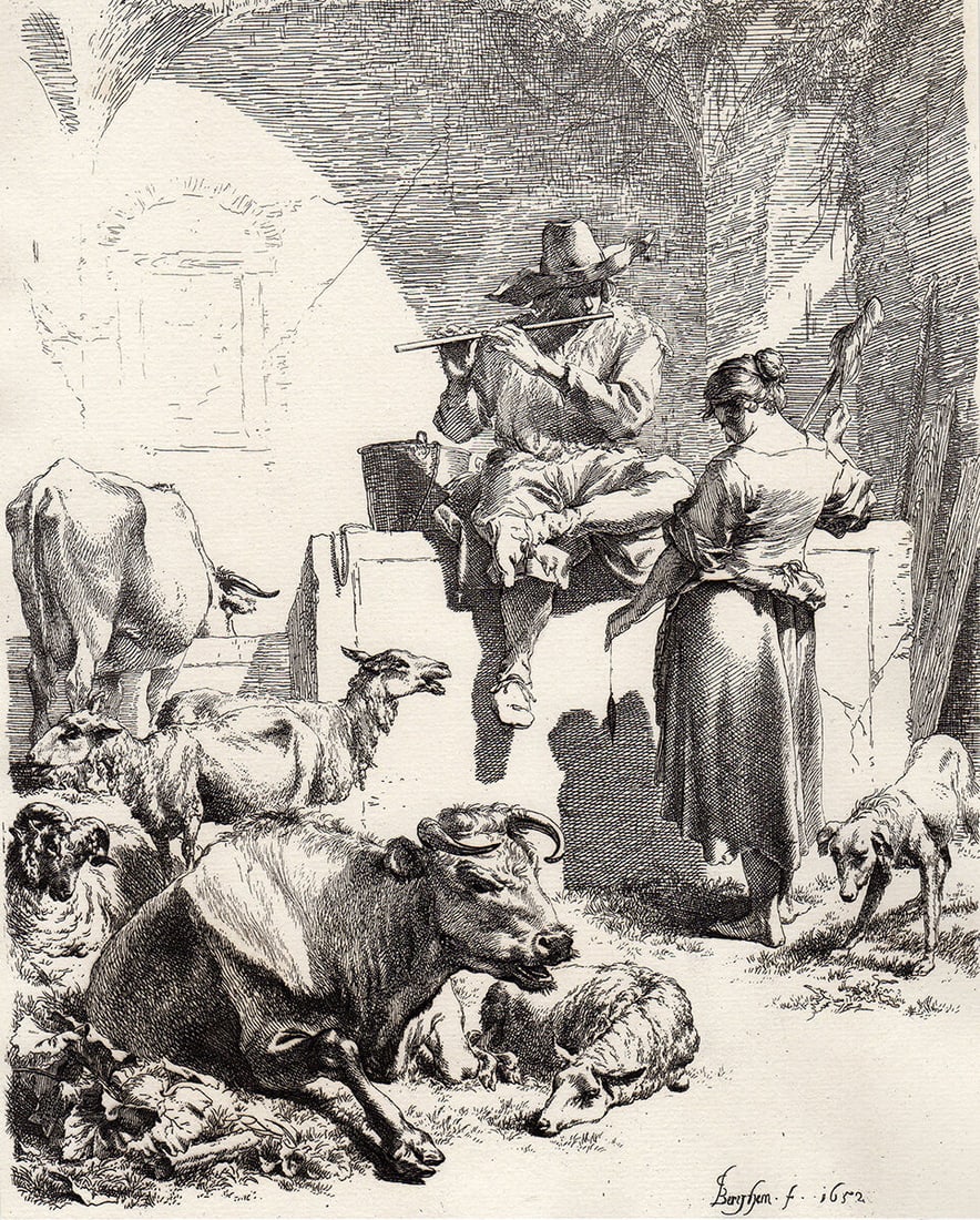 1893 Nicolaes Berchem The Shepherd Sitting on the Well etching signed: Nicolaes Berchem. (Nicolaes Pieterszoon Berchem) (Dutch, 1620-1683). The Shepherd Sitting on the Well. Antique copper plate etching on laid paper after the original by Master Etcher Amand Durand (1831