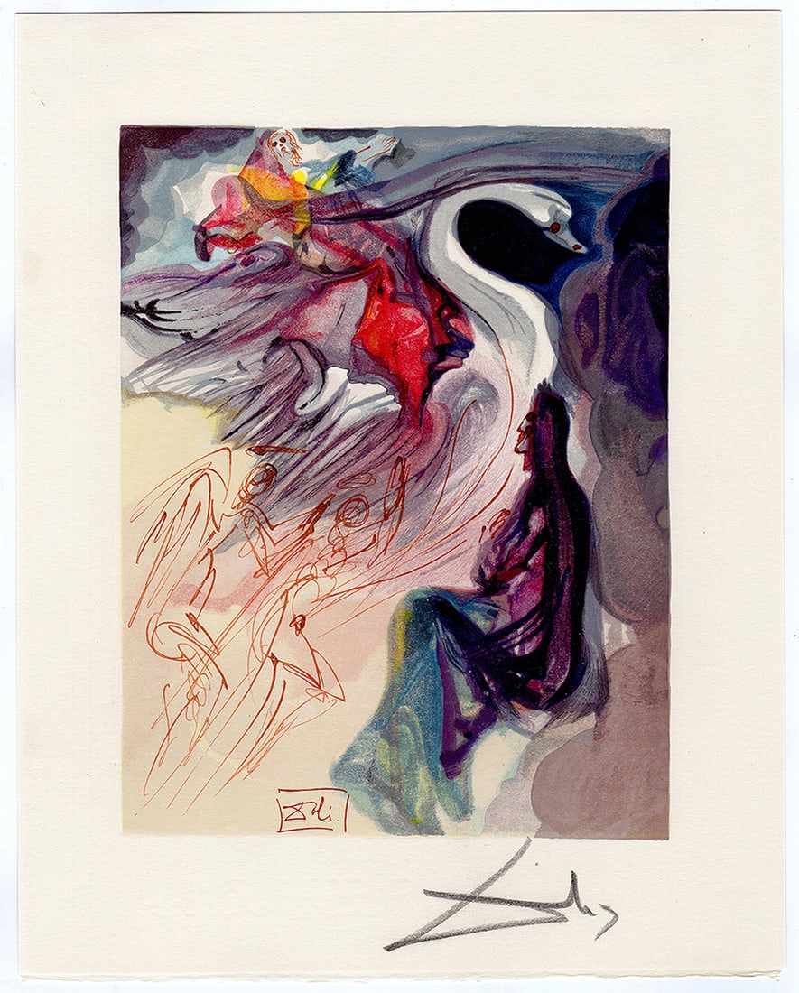 Beautiful 1960 Salvador Dali Paradise Authentic Woodcut Framed: Salvador Dali. (1904-1989). "The Language of the Bird" Paradise Canto 19. Authentic Original Color Woodcut from The Divine Comedy Printed in 1960 on B.F.K. Rives Paper ( this is not a reproduction, co