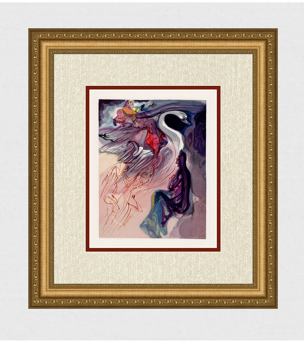 1960 Salvador Dali Language Bird Authentic Woodcut: Salvador Dali. (1904-1989). "The Language of the Bird" Paradise Canto 19. Authentic Original Color Woodcut from The Divine Comedy Printed in 1960 on B.F.K. Rives Paper ( this is not a reproduction, co