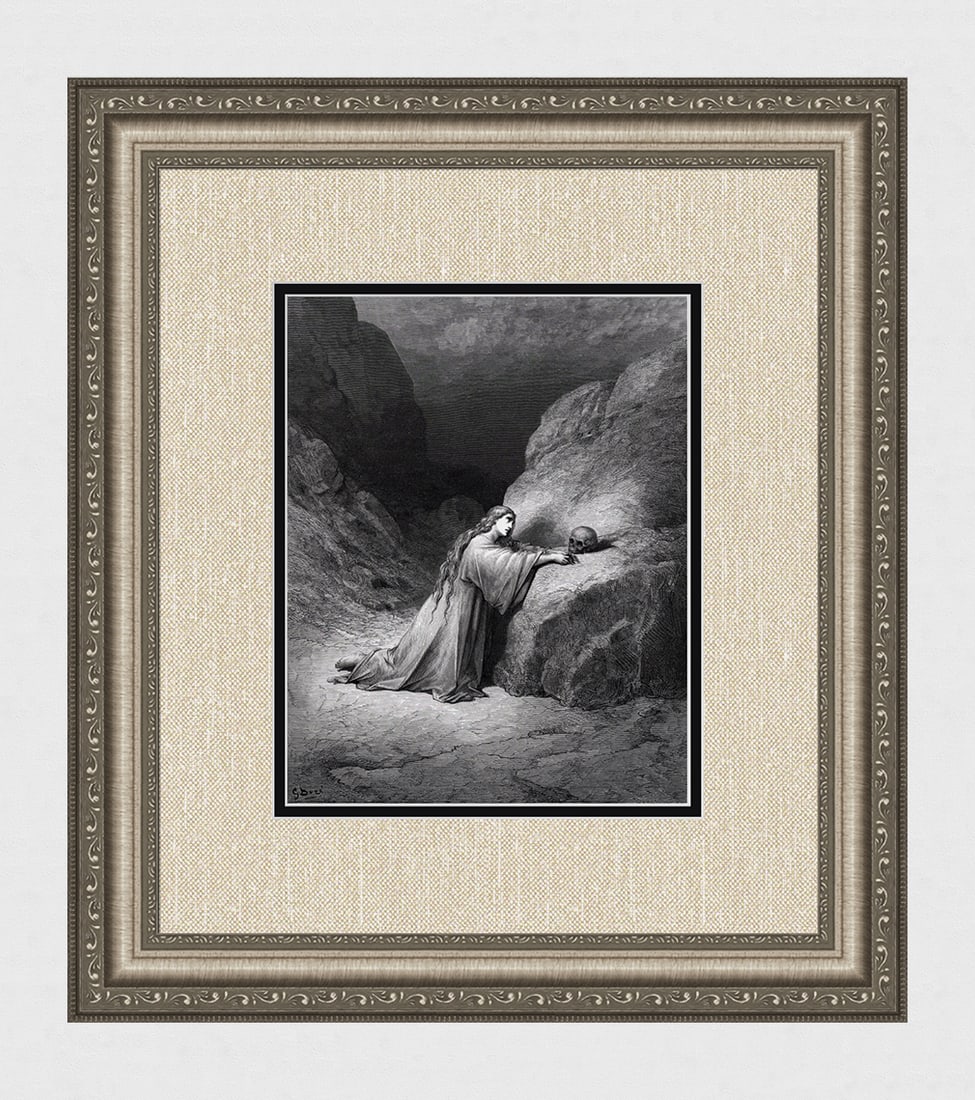 1800s SIGNED GUSTAVE DORE Woodcut REPENTANT MARY MAGDALENE Framed: Gustave Dore (Paul Gustave Louis Christophe Dore) (French, 1832-1883). Repentant Mary Magdalene (from Dore's Bible). Antique woodcut wove paper after the original by a master wood engraver Adolphe Fra