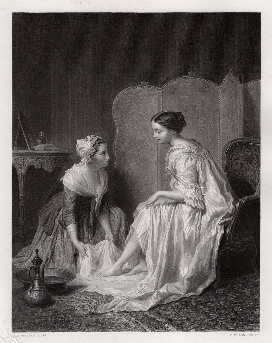 Antoine Emile PLASSAN 1800s Engraving The Foot Cleanse SIGNED FRAMED: Antoine Emile Plassan (French, 1817 - 1903). The Foot-Bath. Antique engraving on wove paper after the original by master engraver Pierre Pel?e (Swiss, 1801-1871). Year: 1858. Signed in the plate. Imag