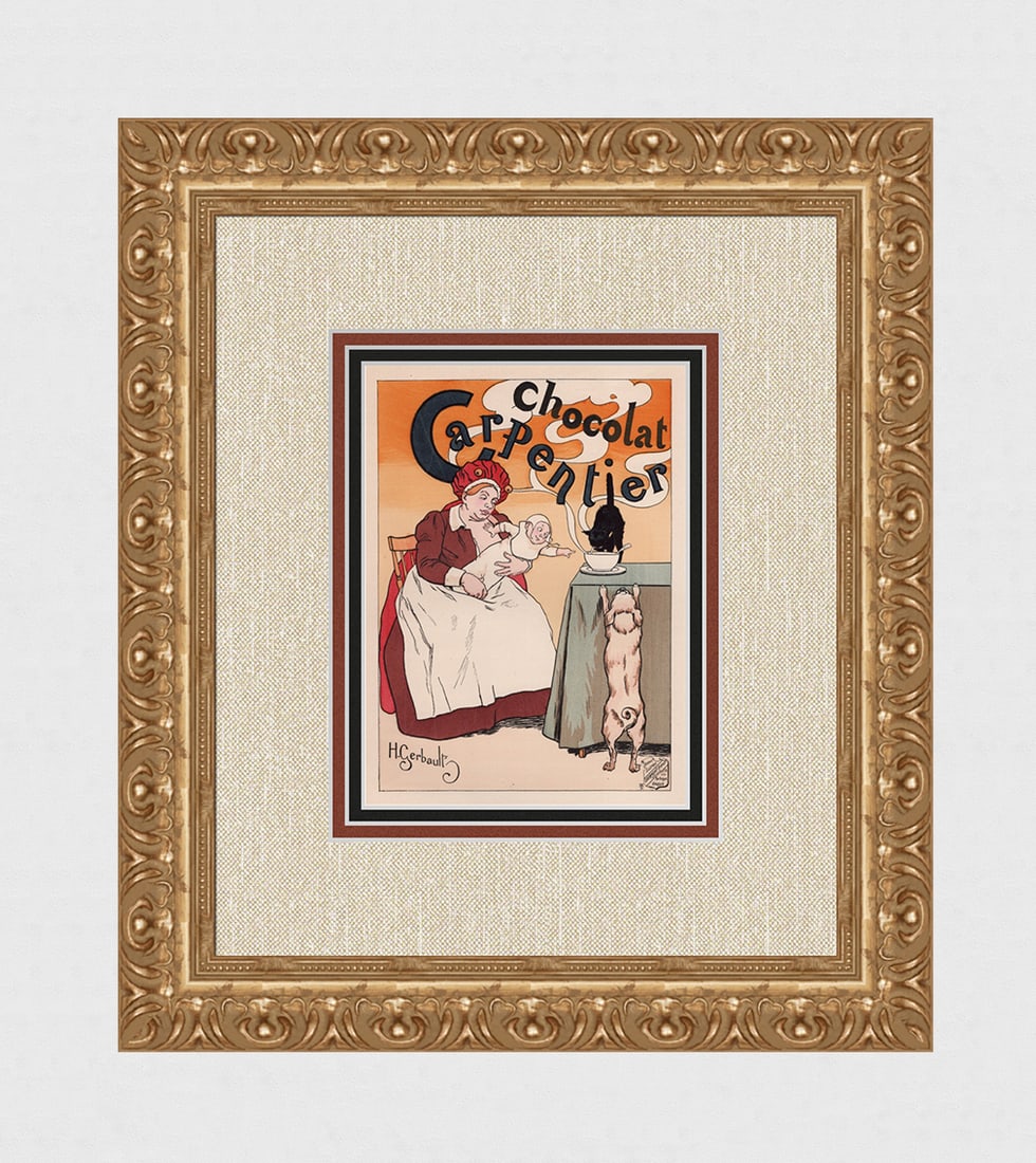 1896 Henri Gerbault Chocolat Carpentier Stone Lithograph Framed: Henri Gerbault (French, 1863-1930). Chocolat Carpentier. Stone lithograph on Velin Paper. Extremely rare. One of 1000 printed on velin paper. Year Printed: 1896. Chaix Imprimerie, Paris. Dimensions (e