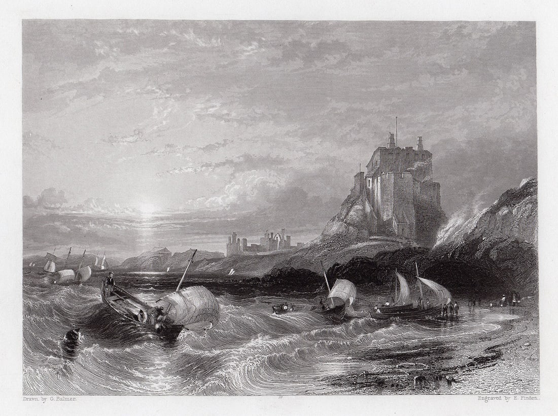 George Balmer 1842 engraving Holy Island Castle signed (1 of 2)