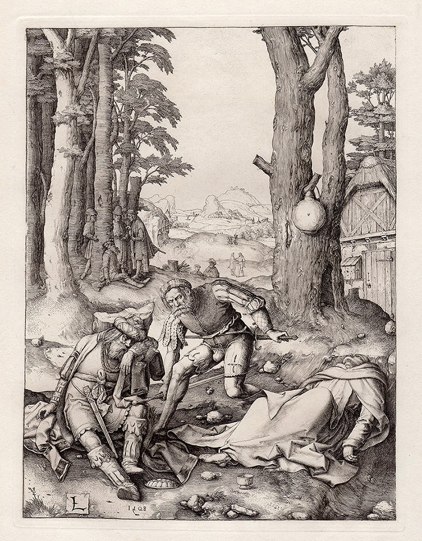 Lucas van Leyden Mohammed engraving Original Durand Framed: Lucas van Leyden. (1494 - 1533). Mohamed and the Monk Sergius. Antique engraving on laid paper after the 1508 original by a master engraver. c. 1880. Signed in the plate, lower left. Image size 9 3/8 