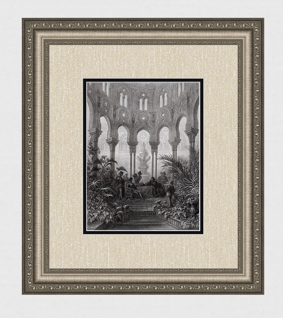 GUSTAVE DORE 1800s Woodcut Rinaldo at the Palace FRAMED SIGNED: Gustave Dore (Paul Gustave Louis Christophe Dore )(French, 1832-1883). Rinaldo is Entertained in a Magnificent Palace. (From Orlando Furioso). Antique woodcut on wove paper after the original Illustra