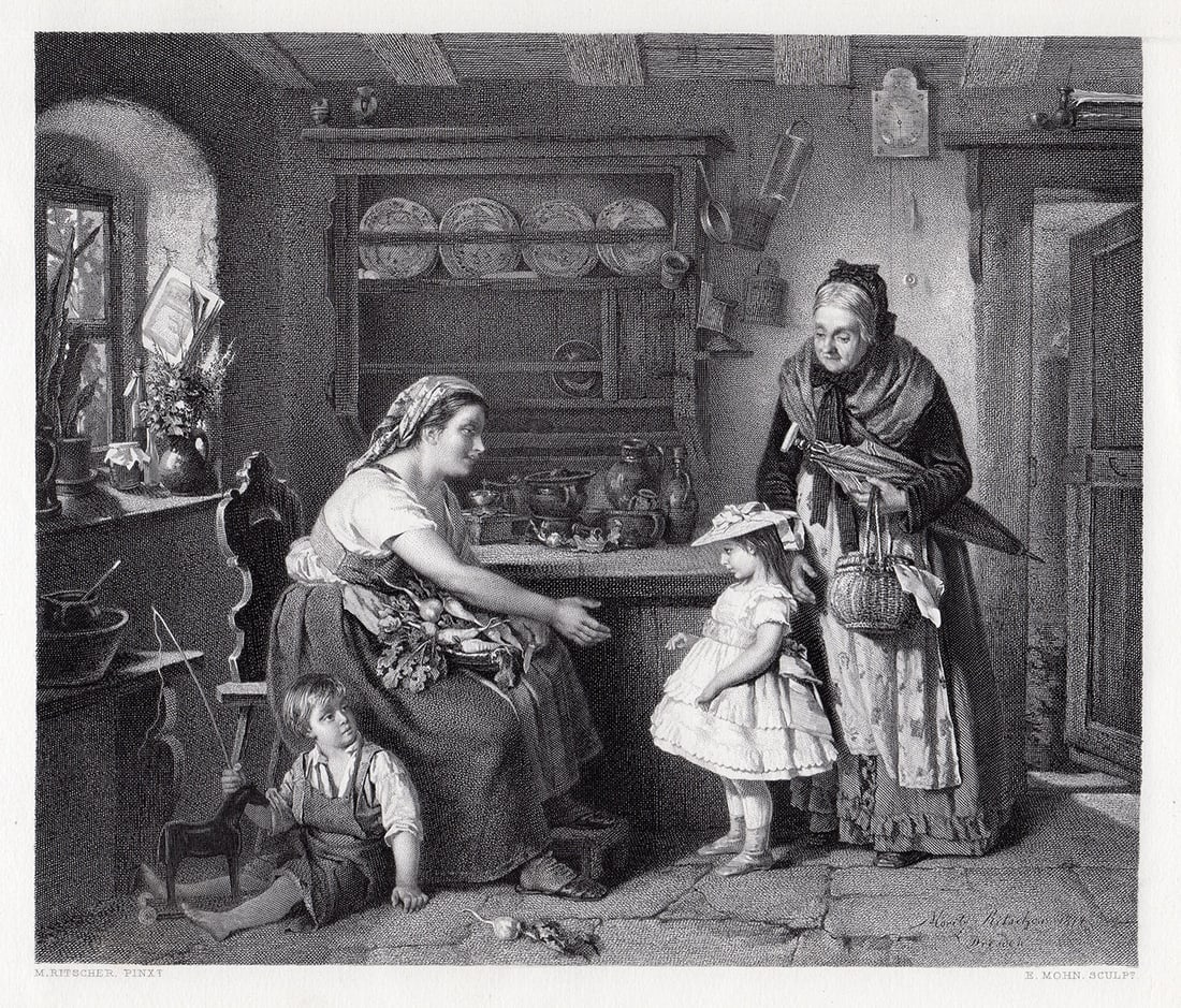 1878 M. Ritscher The Visit of the Foster Child engraving signed: M. Ritscher. The Visit of the Foster Child. Antique steel engraving on wove paper after the original by master engraver E. Mohn. 1878. Signed in the plate. Excellent. Image Size 7 5/8 x 8 7/8 inches. 
