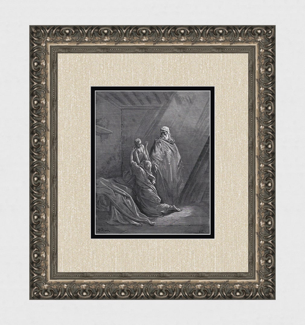 1800s Gustave Dore's Bible Woodcut Elijah Raises the Widow's Son Framed Signed: Gustave Dore (Paul Gustave Louis Christophe Dore) (French, 1832-1883. Elijah Raiseth the Son of the Widow of Zarephath (from Dore's Bible). Antique woodcut wove paper after the original by a master wo