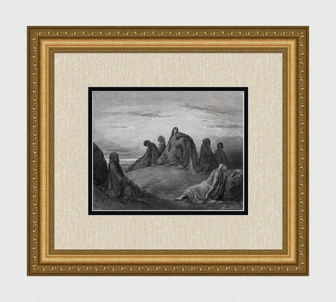 1800s GUSTAVE DORE Religious Woodcut Jephthah?s Daughter SIGNED Framed: Gustave Dore (Paul Gustave Louis Christophe Dore) (French, 1832-1883). The Daughters of Israel Lamenting the Daughter of Jephthah. Antique woodcut wove paper after the original by a master wood engrav