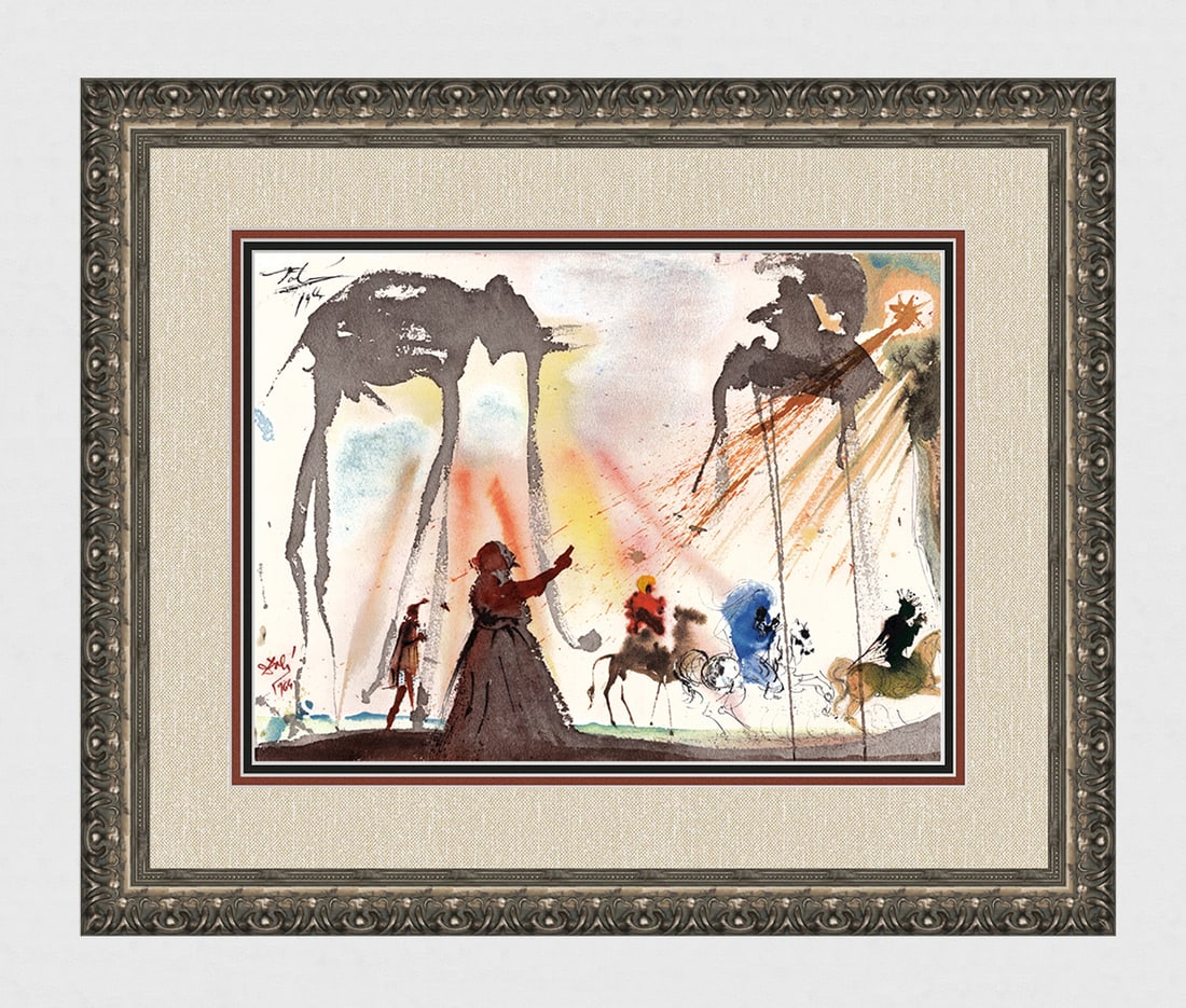 Dali 1967 Lithograph Space Elephants Framed Biblia Sacra: Salvador Dali. "Quaerite Dominum dum inveniri potest, invocate eum dum prope est (Seek ye the Lord while he may be found, call ye upon him while he is near)" Mixed technique lithograph in colors on ha