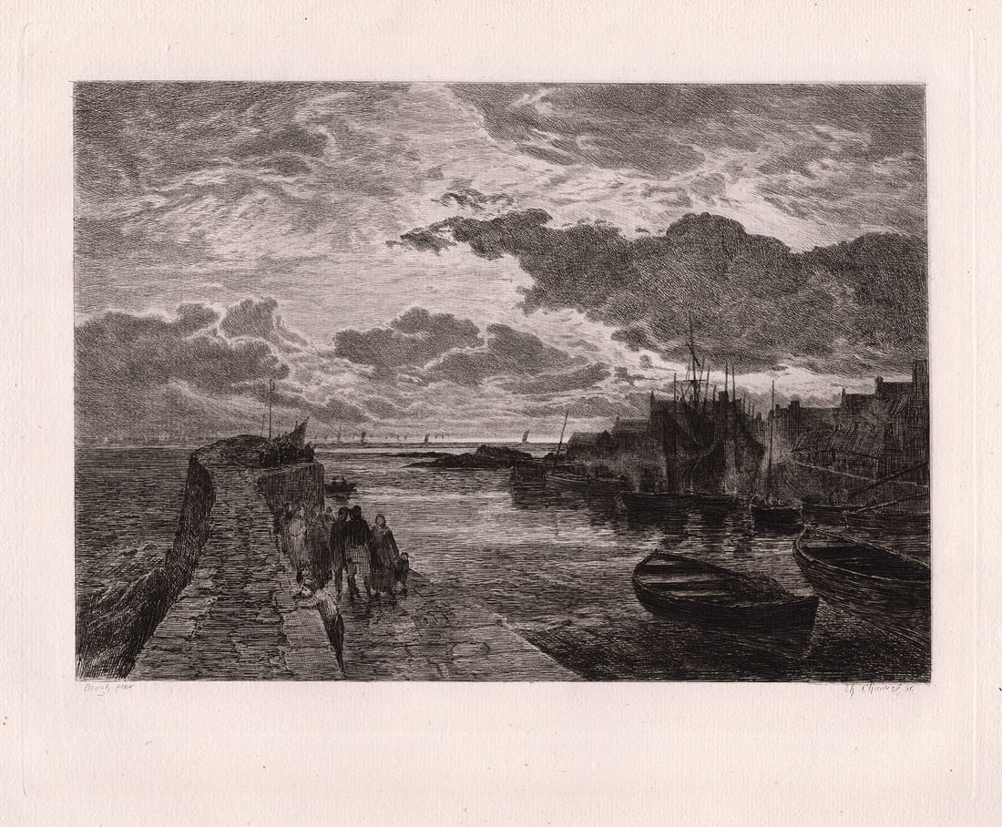 1879 Samuel Bough Cellardyke Harbour, Firth of Forth etching signed: Samuel Bough. (English,1822-1878). Cellardyke Harbour, Firth of Forth. Antique copper plate etching on thick laid paper after the original by master etcher Theophile-Narcisse Chauvel (1831-1909). 1879