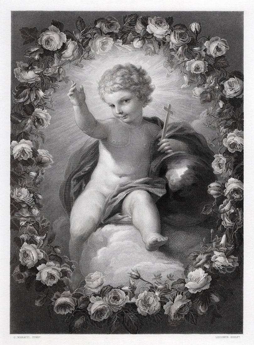 SIGNED 1800s Carlo MARATTI Engraving THE CHRIST CHILD BLESSING Framed (1 of 3)