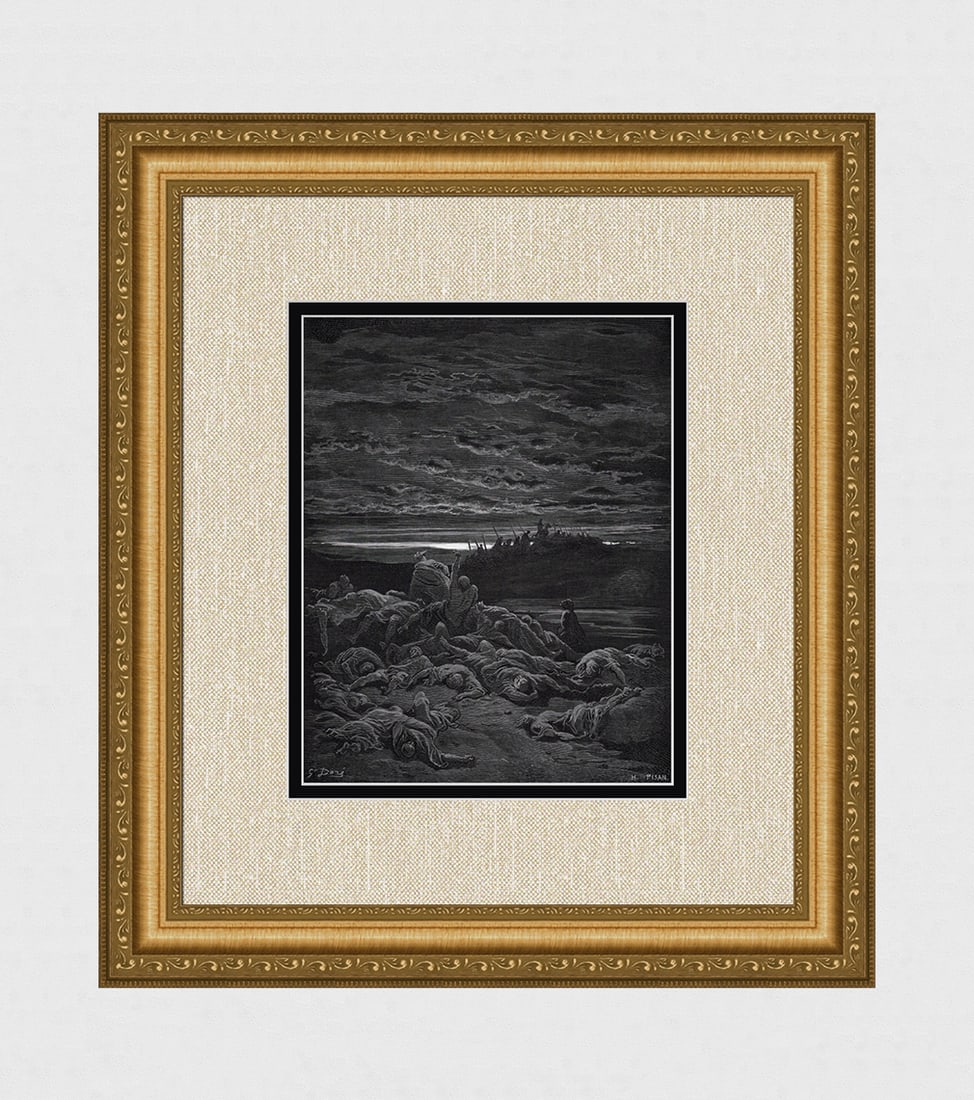 1800s GUSTAVE DORE Wood Engraving ABIMELECH'S CONSPIRACY Signed Framed: Gustave Dore (Paul Gustave Louis Christophe Dore) (French, 1832-1883). The Death of the sons of Jerubbaal (From Dore's Bible). Antique Wood Engraving on wove paper executed by master wood engraver Hel