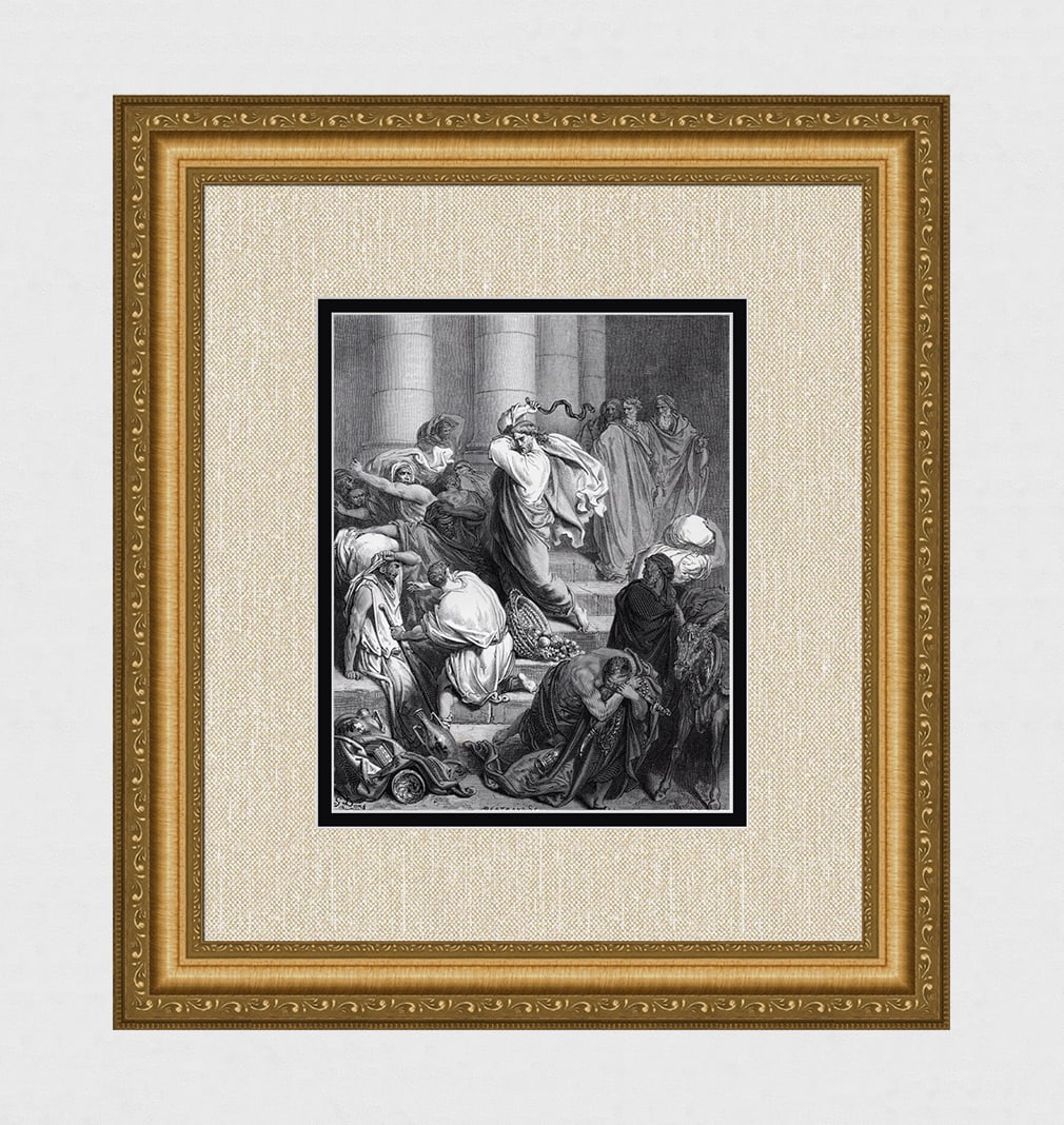 Gustave Dore 1800s Biblical Wood Engraving Jesus Cleanses the Temple FRAMED Signed: Gustave Dore (Paul Gustave Louis Christophe Dore) (French, 1832-1883). The Buyers And The Sellers Driven Out Of The Temple (Dore's Bible). Antique Wood Engraving on wove paper executed by master wood 