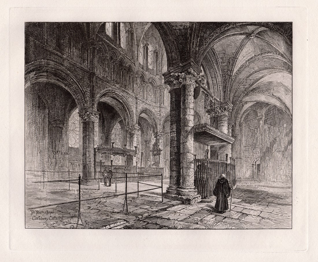 1885 Herbert Railton The Chantry of the Black Prince etching signed: Herbert Railton. (English, 1857-1910). The Chantry of the Black Prince. Antique Etching on laid paper. 1885. Signed in the plate, lower left. Excellent. Image Size 7 3/4 x 9 1/2 inches Approximately