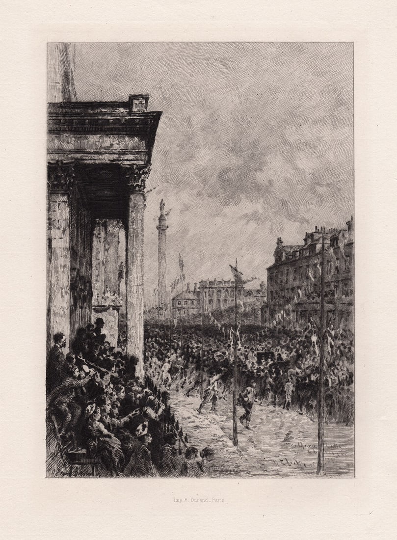 William Ewart Lockhart The Queens Entry in 1876 1878 etching: William Ewart Lockhart. (1846-1900). "The Queens Entry in 1876". Antique etching on thick laid paper after the original by master etcher Alfred Louis Brunet-Debaines. 1878. Signed in the plate.