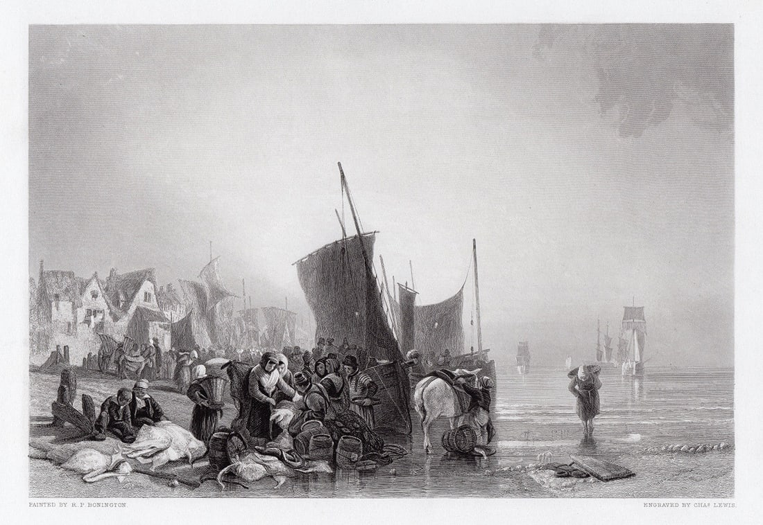 1867 Richard Parkes Bonington The Fish Market engraving signed (1 of 3)