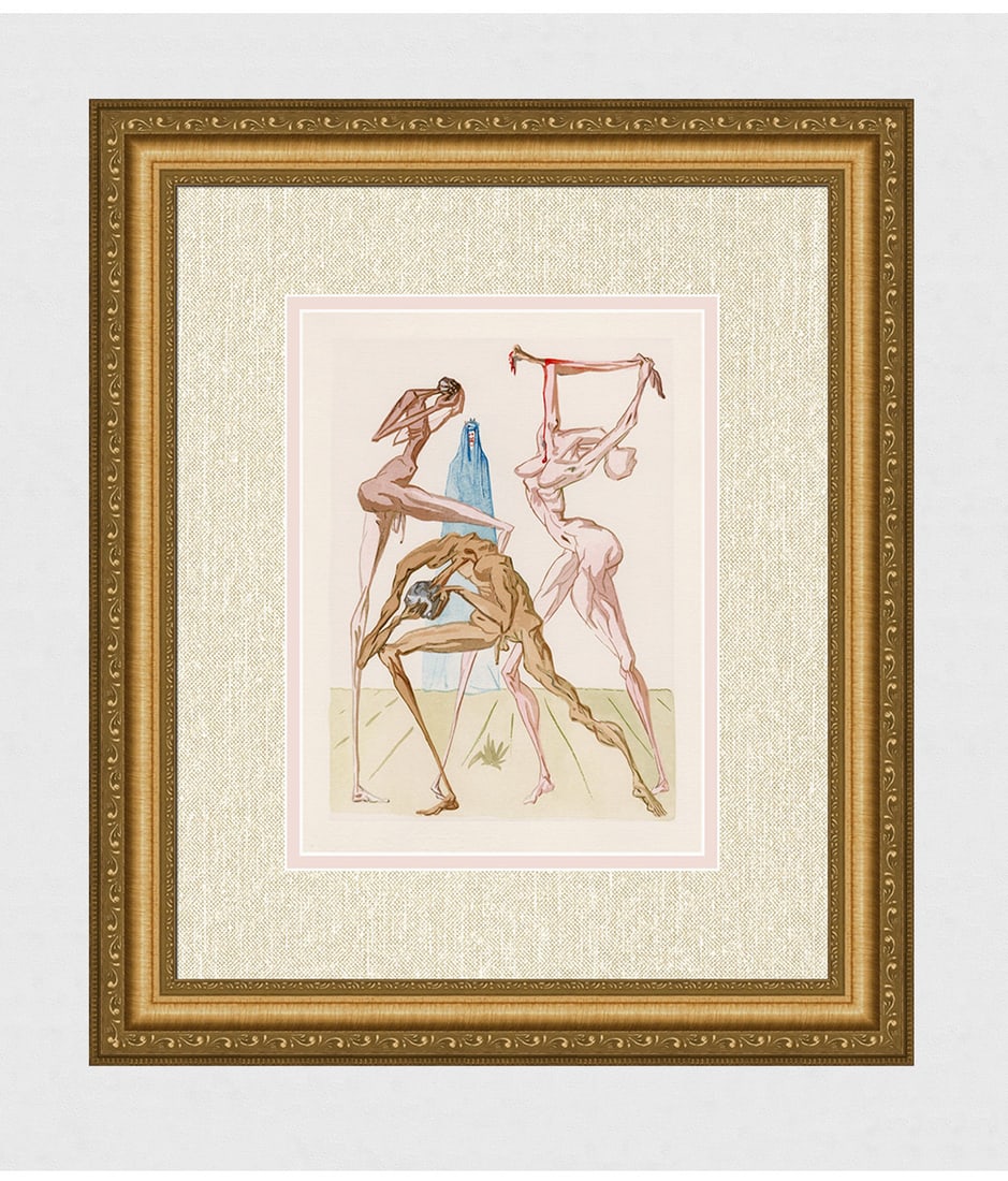 1960 Salvador Dali Prato Authentic Woodcut: Salvador Dali. (1904-1989). "The Inhabitants of Prato" Enferno Canto 26. Authentic Original Color Woodcut from The Divine Comedy Printed in 1960 on B.F.K. Rives Paper ( this is not a reproduction,