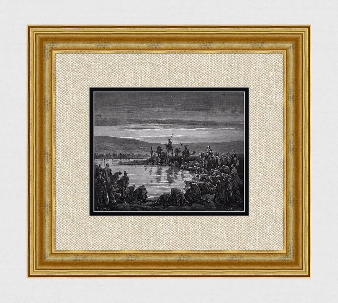 1800s Gustave DORE'S BIBLE Woodcut Gideon Chooses His Soldiers Framed SIGNED: Gustave Dore (Paul Gustave Louis Christophe Dore) (French, 1832-1883). Gideon Choosing his Soldiers (from Dore's Bible). Antique woodcut wove paper after the original by a master wood engraver Louis