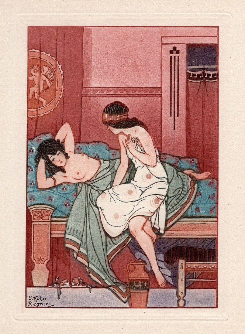 Joseph Kuhn-Regnier 1929 Nude Color Engraving "Impatience" LIMITED Framed Signed: Joseph Kuhn-Regnier (French, 1873 - 1940). Impatience. Original color aquatint engraving on wove paper. Year: 1929. Signed in the plate, lower left. Limited to 3300. Image Size 3 7/8 x 5 3/8 inches.