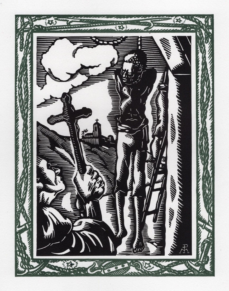 LIMITED 1946 Patrick de Manceau Woodcut Babo is Executed FARMED SIGNED: Patrick de Manceau (1901-1980). The Execution of Babo. Vintage woodcut on Velin BFK Rives paper. Year: 1946. Signed in the plate, lower right. Numbered limited edition. This is one of 350 numbered