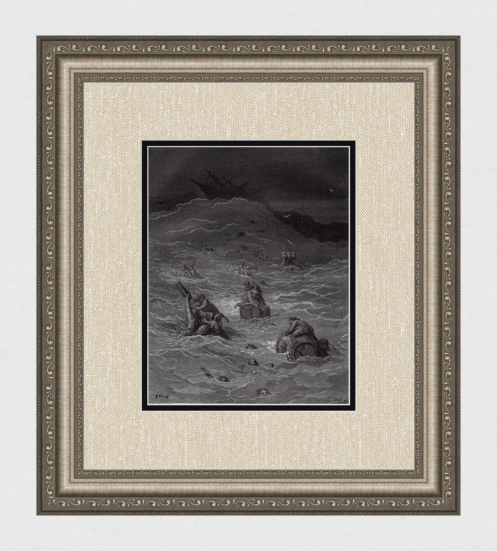 Gustave DORE SIGNED 1800s Orlando Furioso Woodcut The Ship Abandoned FRAMED: Gustave Dore (Paul Gustave Louis Christophe Dore )(French, 1832-1883). The Ship is abandoned (From Orlando Furioso). Antique woodcut on wove paper after the original Illustration by master wood