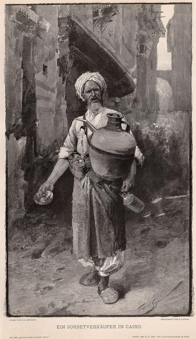 Fantastic George Seymour Cairo 1887 Antique Woodcut Signed Framed: George L. Seymour (1876-1916). A Sorbet Seller In Cairo (Ein Sorbetverkaufer In Cairo). Antique woodcut on wove paper after the original painting by Master Wood Engraver Richard Taylor (1872-1892). 18