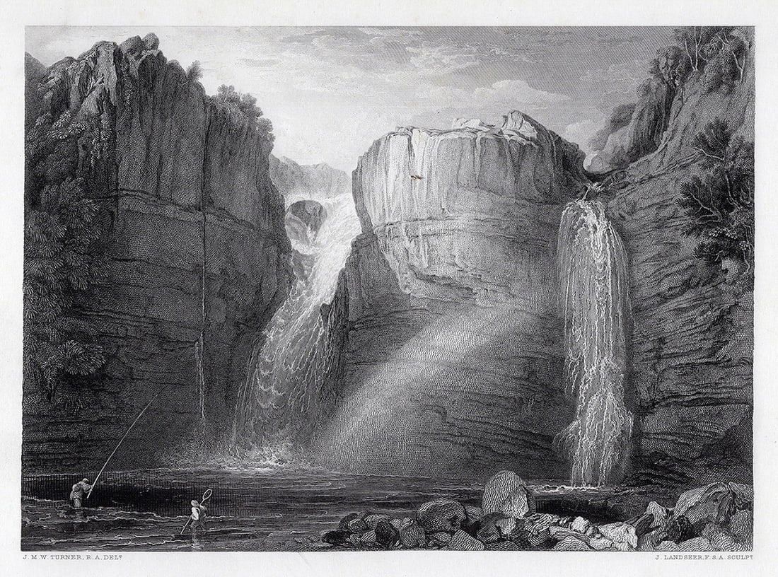 1800s WILLIAM TURNER SIGNED Engraving High Force Falls, England FRAMED: Joseph Mallord William Turner (English, 1775-1851). High Force or Fall of Tees. Antique engraving on wove paper after the original by master engraver John Landseer (British, 1769-1852). Year: 1878. Re