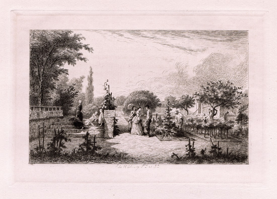 Edmond Hedouin Gardening etching signed: Edmond Hedouin. (Pierre Edmond Alexandre Hedouin) (french, 1820-1889). Gardening. Antique Etching on laid paper. 1873. Signed in the plate. Excellent. Image size 3 3/4 x 5 5/8 inches. Approximately 13
