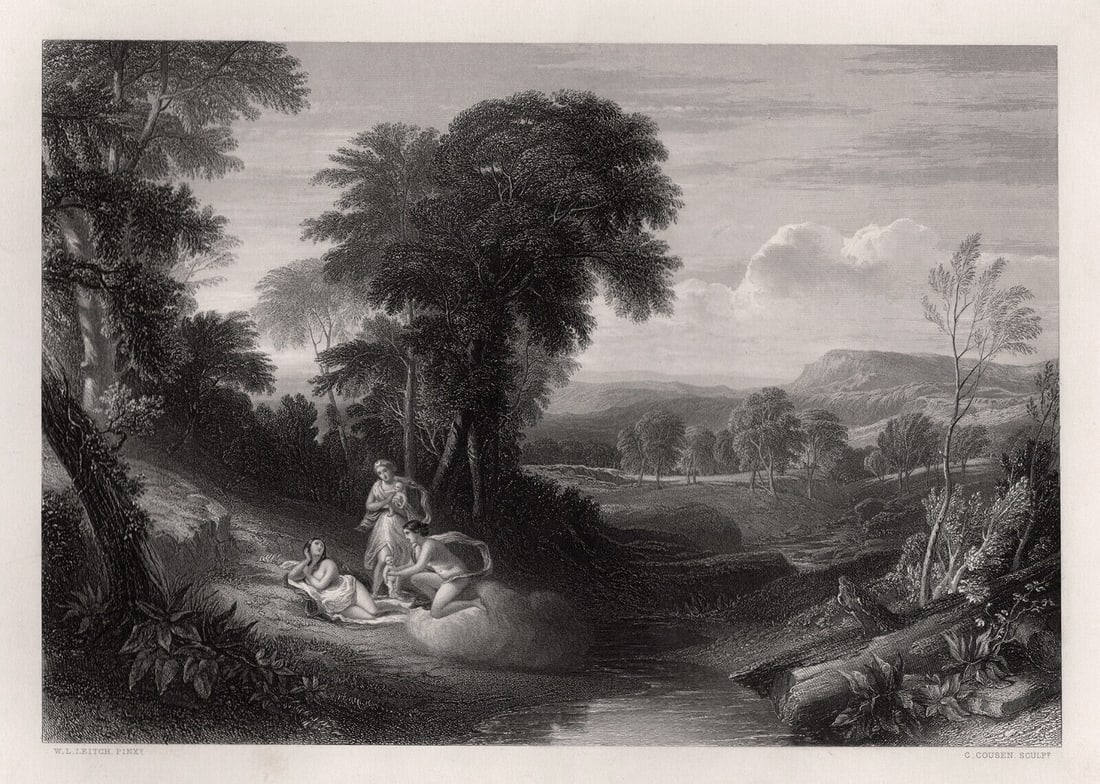 1800s William Leighton Leitch Engraving Belphoebe & Amorett FRAMED SIGNED: William Leighton Leitch (Scottish, 1804-1883). The Birth of Belphoebe and Amorett. Antique engraving on wove paper after the original oil on canvas by master engraver Charles Cousen (British, c. 1819-