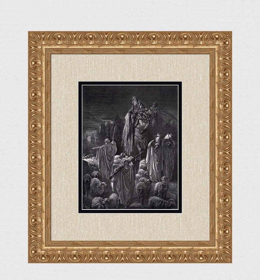 1800s Gustave Dore SIGNED Religious Woodcut Jacob's Journey to Egypt FRAMED: Gustave Dore (Paul Gustave Louis Christophe Dore) (French, 1832-1883). Jacob Goeth Into Egypt (From Dore's Bible). Antique woodcut wove paper after the original by a master wood engraver Jacob Ettling