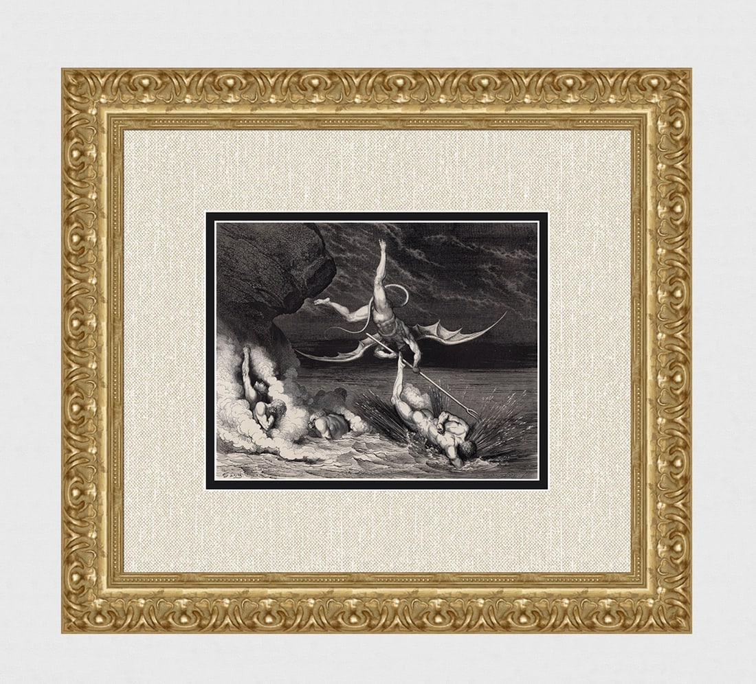 1800s Gustave Dore Wood Engraving "A Flight and Pursuit in Hell" SIGNED FRAMED: Gustave Dore (Paul Gustave Louis Christophe Dore) (French, 1832-1883). A Flight And Pursuit In Hell (Divine Comedy, Inferno). Antique Wood Engraving wove paper after the original by a master wood engr