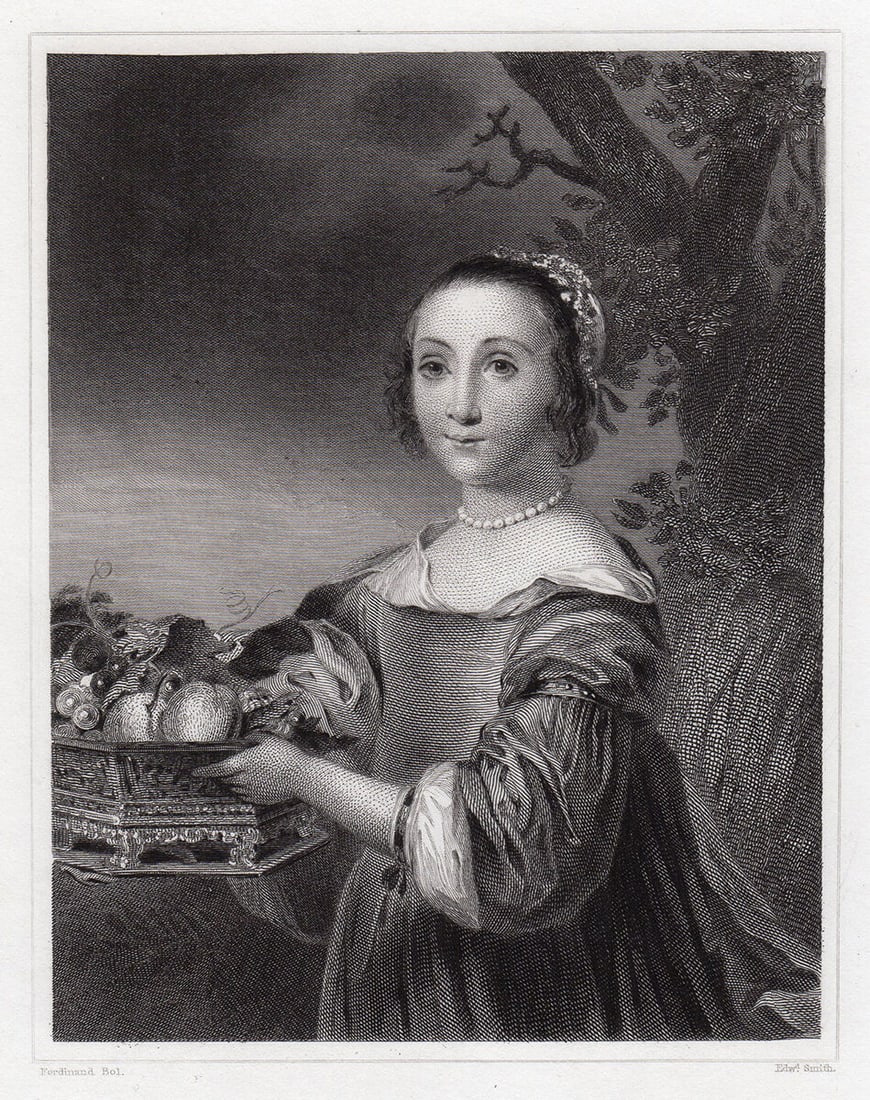 Ferdinand Bol Dutch Lady (Petronella Elias (1648-1667) with a Basket of Fruit) engraving signed: Ferdinand Bol. (Dutch, 1616 - 1680). Dutch Lady (Petronella Elias (1648-1667) with a Basket of Fruit). Antique engraving on thick wove paper after the original oil on canvas by master engraver Edward 