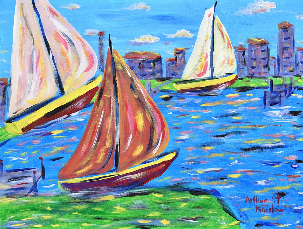 Arthur Kinslow Original Painting Sailboats VI 30 x 40 Inches: Arthur Kinslow ( American, 1955 - ) Sailboats VI. Original Acrylic on Canvas.Signed by the artist lower center. Canvas Size 30 x 40 inches. Arthur Kinslow has been involved in art his entire life and 