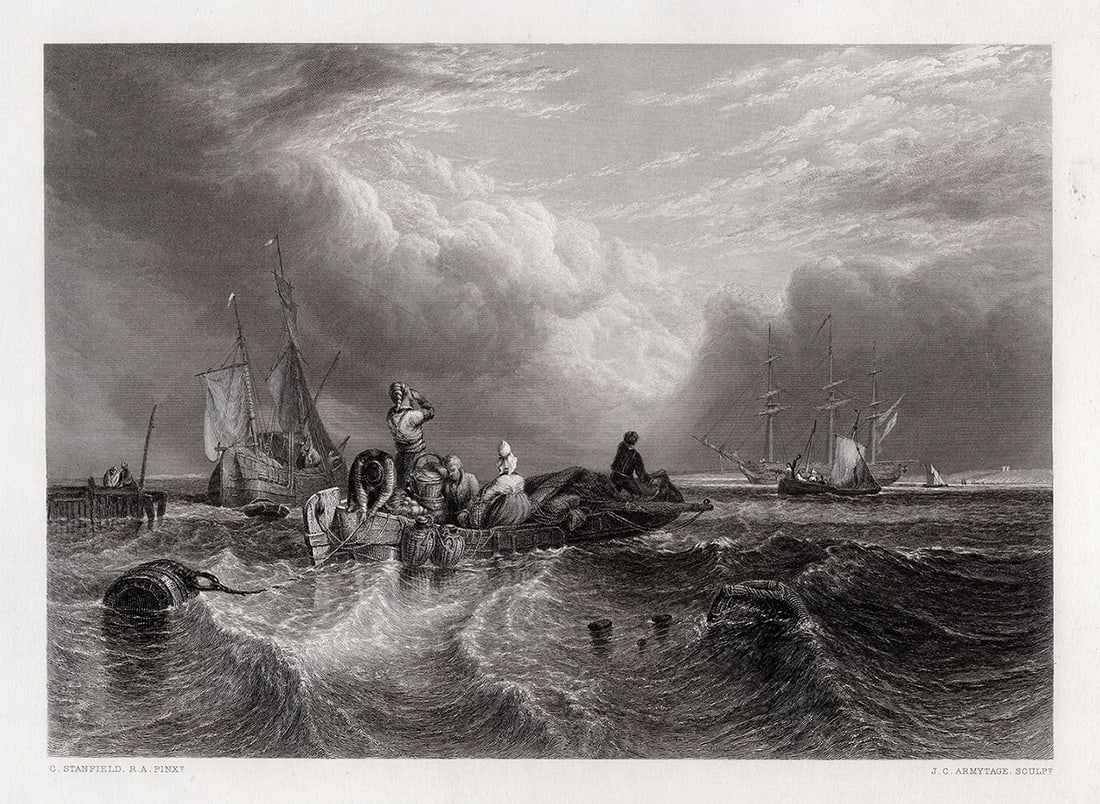 Clarkson STANFIELD SIGNED 1800s Engraving The Market-Boat FRAMED: Clarkson Stanfield (British, 1793-1867). The Market-Boat. Antique engraving on wove paper after the original by master engraver John Carr Armytage (British, 1802-1897). Year: 1871. Signed in the plate