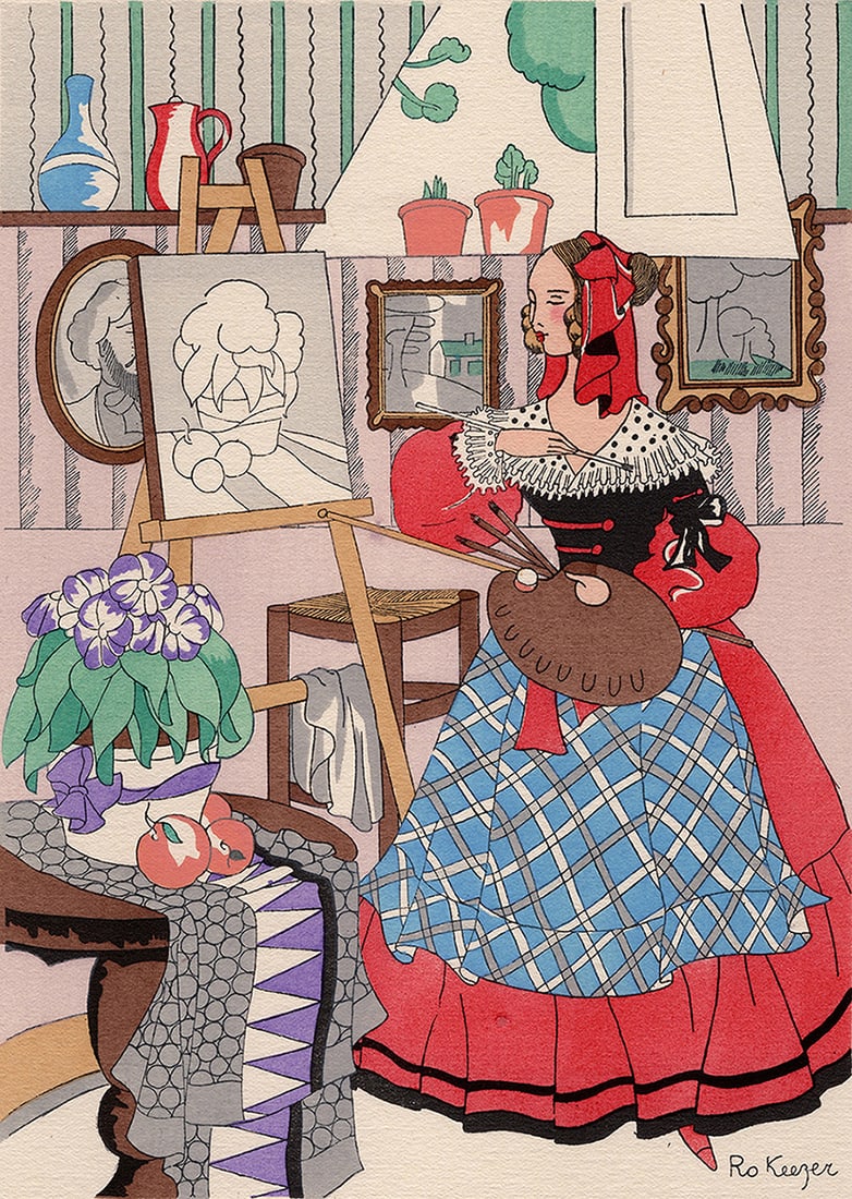 Ro Keezer SIGNED Vintgae Color Pochoir L'ARTISTE Framed (1 of 2)