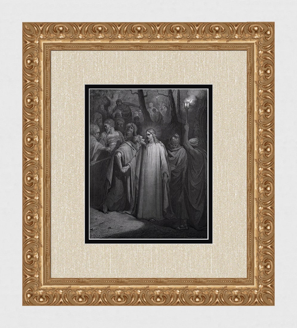 Framed 1800s Gustave Dore Religious Woodcut THE JUDAS KISS Signed: Gustave Dore (Paul Gustave Louis Christophe Dore) (French, 1832-1883). The Judas Kiss (from Dore's Bible). Antique woodcut wove paper after the original by a master wood engravers Adolphe Francois Pan