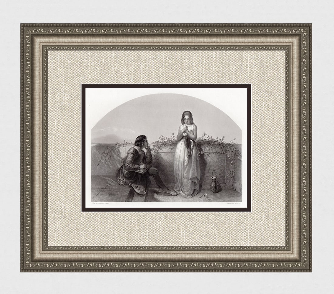 Joseph John Jenkins 1855 Antique Engraving Love at First Sight Framed Signed: Joseph John Jenkins (British, 1811 - 1885). First Love. Antique engraving on wove paper after the original by master engraver Samuel Sangster (British, 1805-1872). Signed in the plate. Year: 1855. Ima