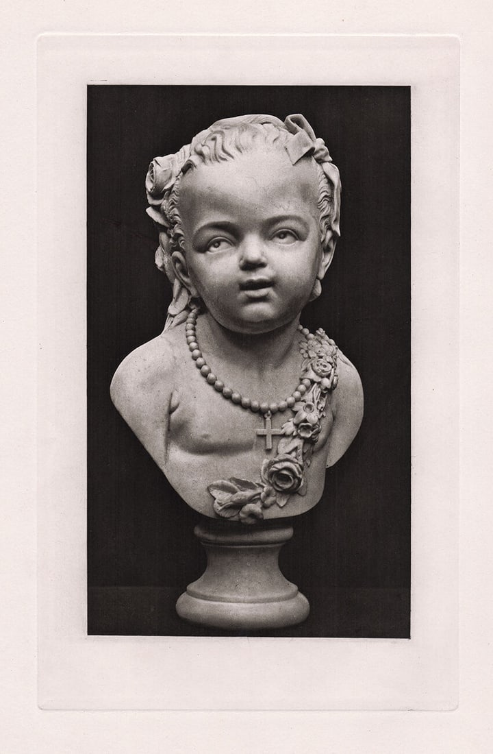 Jean-Antoine Houdon (French, 1741-1828) Bust of a Child 1887 print: Jean-Antoine Houdon (French, 1741-1828). Bust of a Child. Antique Heliogravure on wove paper after the original sculpture by a Master Engraver. 1887. Excellent. Image Size 6 7/8 x 10 7/8 inches. Appro