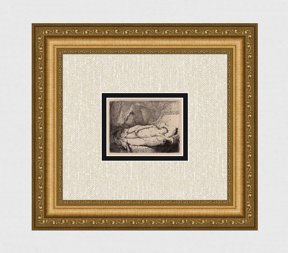 1800s REMBRANDT B204 Jupiter and Antiope: The Smaller Plate DURAND: After Rembrandt Harmenszoon Van Rijn (1606-1669). Title: Jupiter and Antiope: The Smaller Plate. Medium: Antique hand pulled copper plate etching on laid paper after the original by master etcher Aman