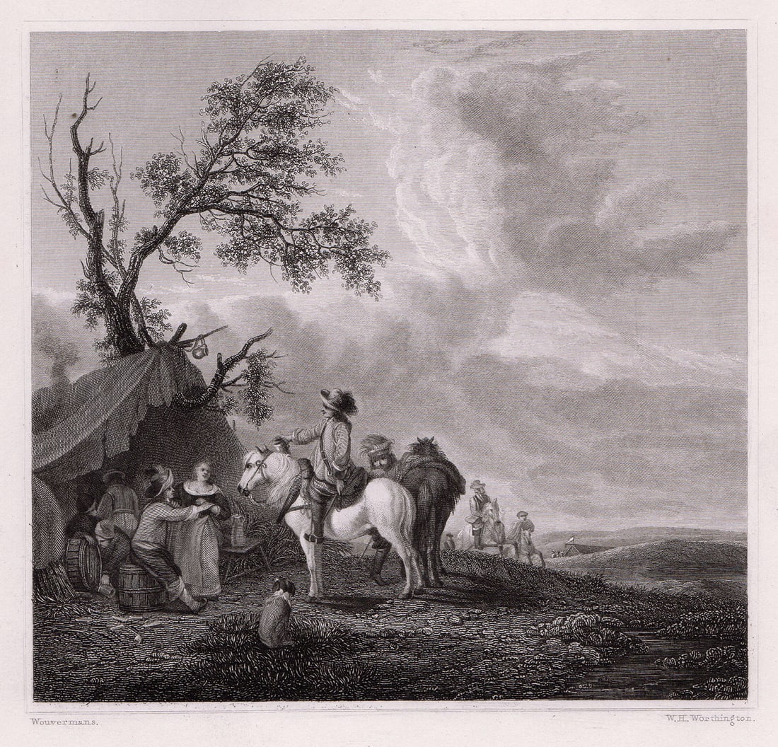 Philips Wouwerman The Sutling Booth 1834 engraving: Philips Wouwerman. (also, Wouwermans) (Dutch, baptized, 1619-1668). The Sutling Booth. Antique steel engraving on wove paper after the original by master engraver William Henry Worthington (ca. 1795-c