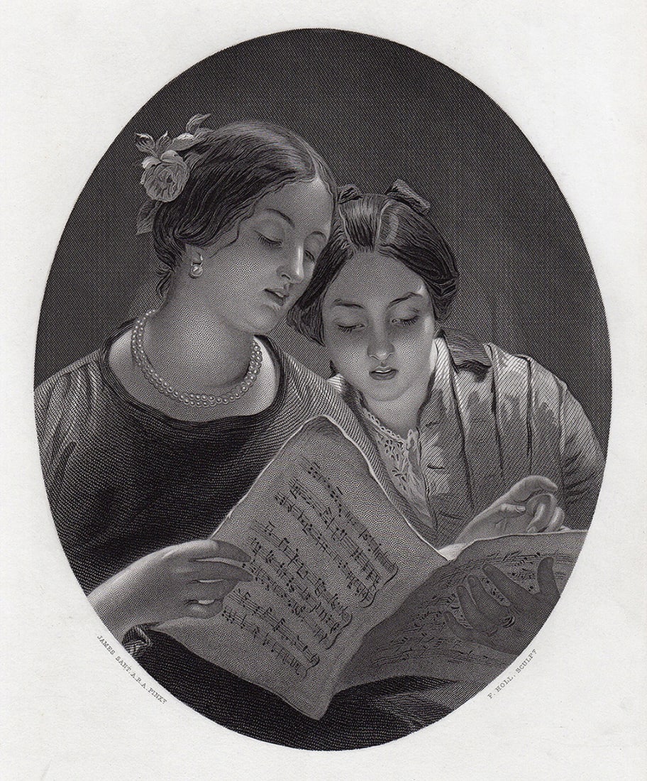 1800s James Sant "Singing a Beautiful Duet" Engraving Signed Framed: James Sant (British, 1820-1916). The Duet. Antique engraving on wove paper after the original oil on canvas by master engraver Francis Holl (English, 1815 - 1884). Signed in the plate. Year: 1862.