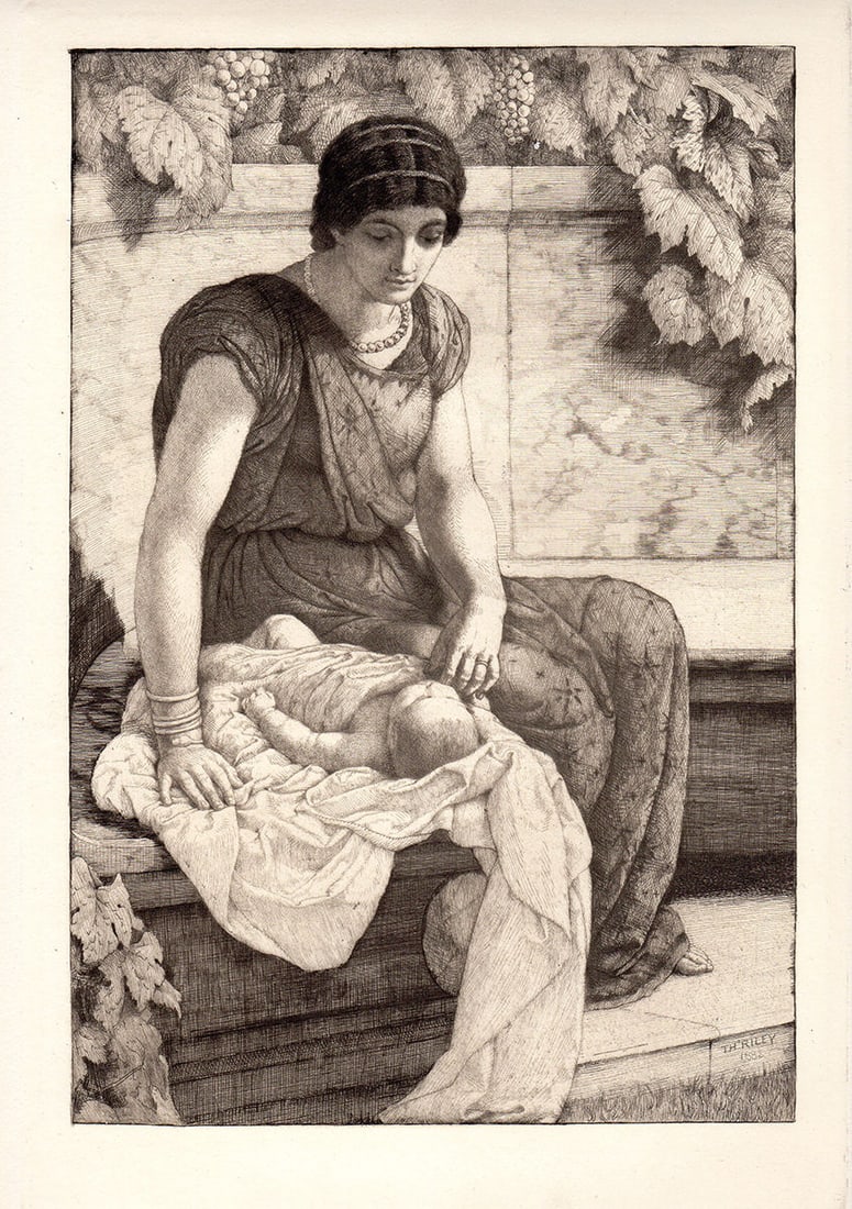 Thomas Riley The Firstborn etching signed: Thomas Riley (British, 1856 - 1892). "The Firstborn". Copper plate etching on laid paper after the original by a master etcher. 1883. Signed in the plate lower right. Excellent. Image size 8 x 12 inch