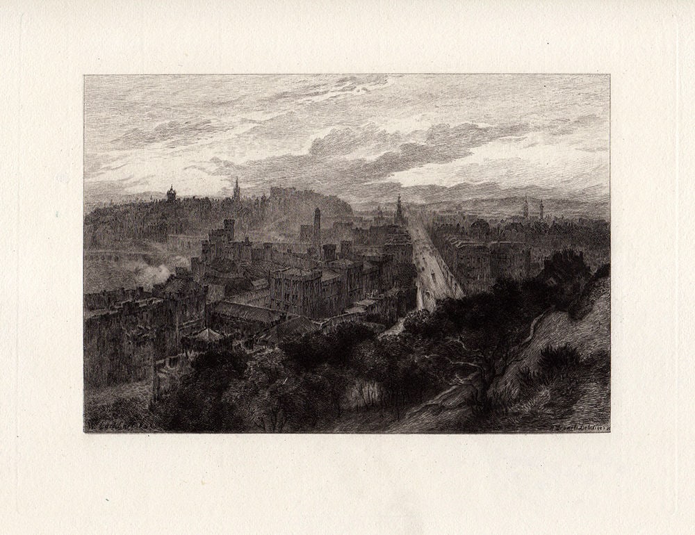 1878 William Ewart Lockhart View from Calton Hill etching signed: William Ewart Lockhart. (Scottish, 1846-1900). "View from Calton Hill". Antique etching on thick laid paper after the original by master etcher Alfred Louis Brunet-Debaines (French, 1845-1939). 1878.