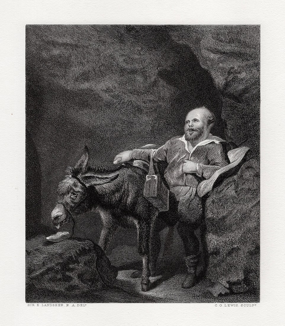 HENRI LANDSEER 1800s Engraving Sancho, Panza & Dapple Framed SIGNED: Sir Henry Edward Landseer (English, 1802-1873). Sancho Panza and Dapple (from Cervantes' 'Don Quixote'). Antique engraving on wove paper after the original oil painting by master engraver Charles Geor